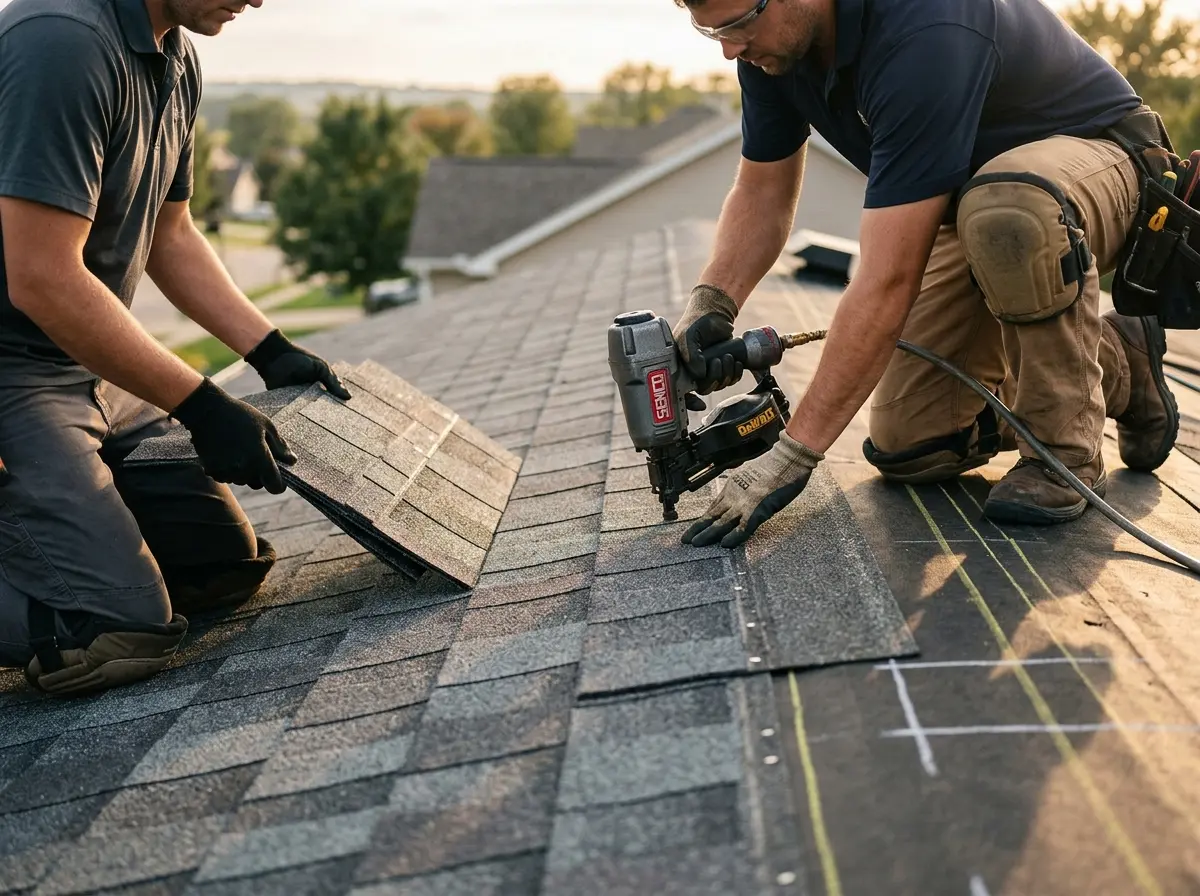 Professional roofer working on a residential roof in Itasca